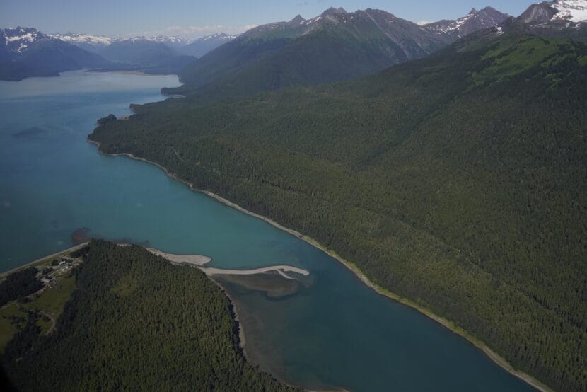 An aerial view of Berners Bay, where the state is proposing to build the Cascade Point Ferry Terminal. (Photo by Alix Soliman/KTOO)