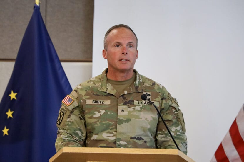Brig. Gen. Joseph Goetz at a press briefing in Juneau during the glacial outburst flood on Wednesday, Aug. 13, 2025. (Photo by Clarise Larson/KTOO)