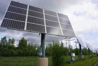 Solar panels at the Cold Climate Housing Research Center campus in Fairbanks are seen on June 5, 2025. The Cold Climate House Research Center, which became part of the National Renewable Energy Labortory system in 2020, is focused on designing sustainable and energy efficient housing that is resilient to climate change in the far north.
