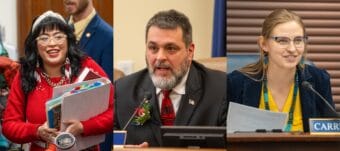 From right, Alaska Rep. Genevieve Mina, D-Anchorage, Sen. Mike Cronk, R-Tok, and Rep. Ashley Carrick, D-Fairbanks.