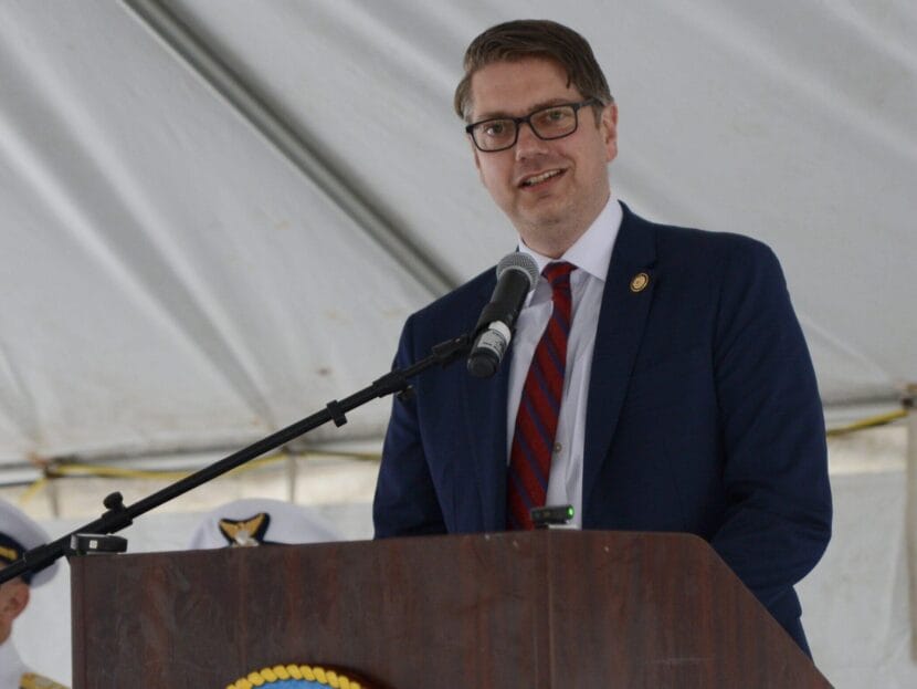 Rep. Nick Begich, R-Alaska, speaks during the commissioning ceremony for the Coast Guard icebreaker Storis on Sunday, Aug. 10, 2025, in Juneau, Alaska.