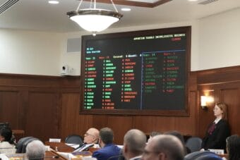 Legislators watch during an vote seeking to override Gov. Mike Dunleavy's veto of a bill that would have expanded Alaska's corporate income taxes to capture more revenue from Outside businesses.