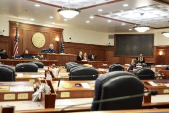 Speaker of the House Bryce Edgmon, I-Dillingham, speaks to a nearly empty floor at the Alaska State Capitol on Tuesday, Aug. 19, 2025.