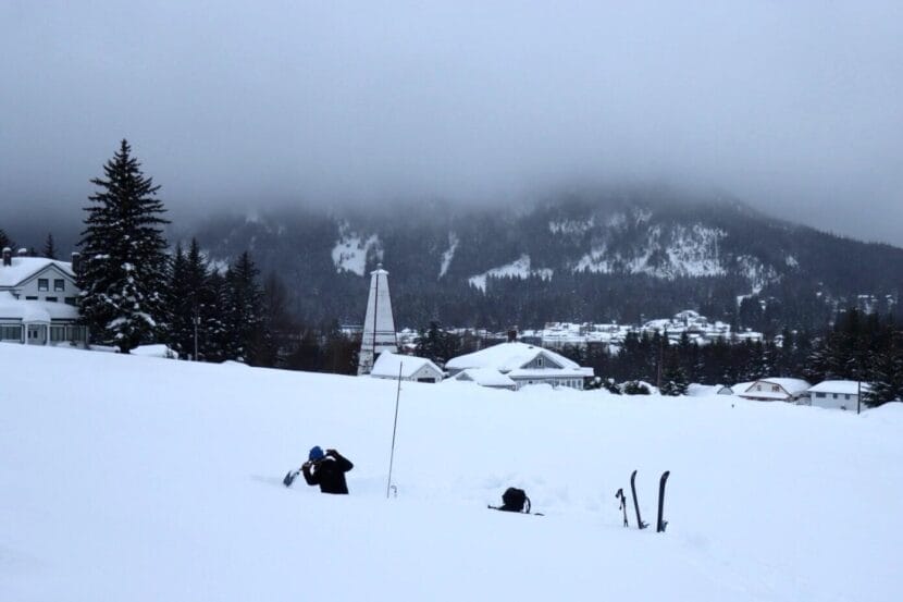 Jeff Moskowitz, the director of the Haines Avalanche Center, digs a snow pit in Haines, Alaska to assess snow conditions and avalanche danger.