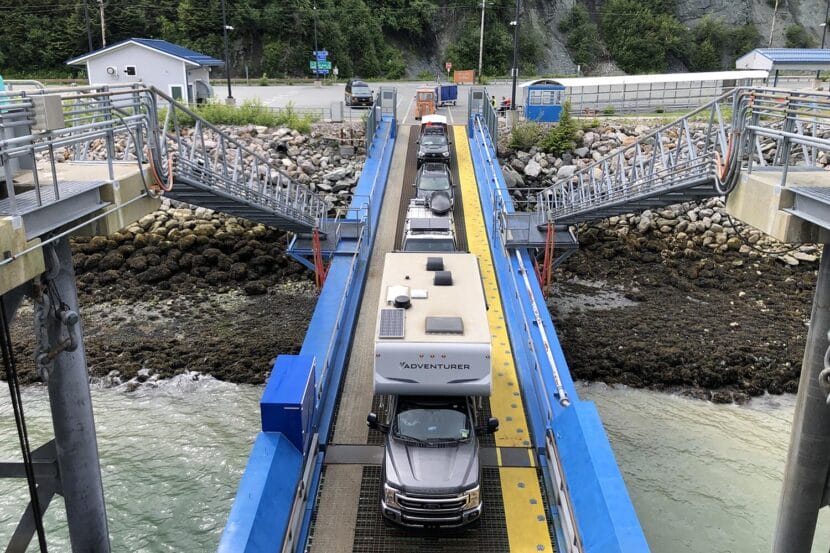 Cars drive aboard the Alaska Marine Highway System ferry Hubbard on June 25, 2023, in Haines.