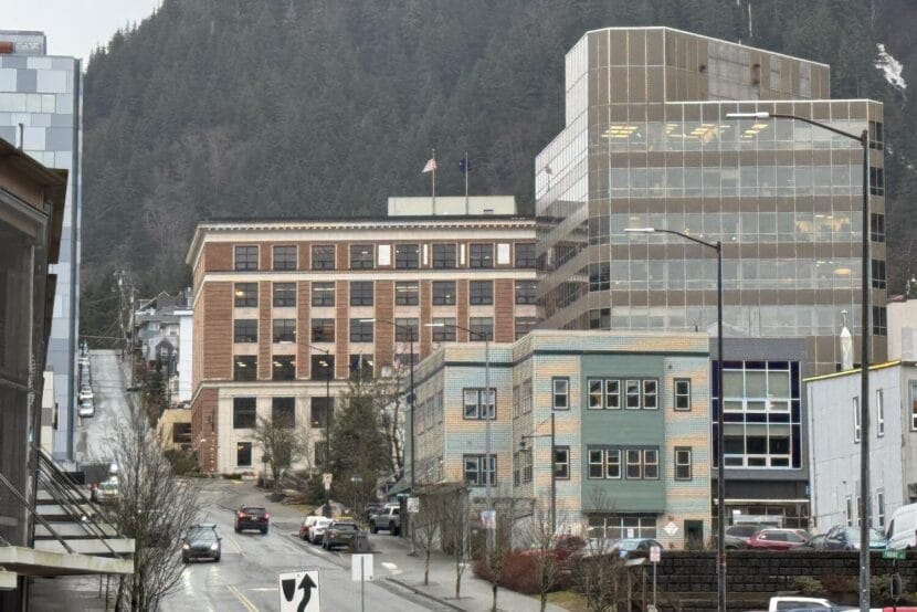 The Alaska State Capitol is seen behind other buildings on Tuesday, Feb. 10, 2026, in downtown Juneau.