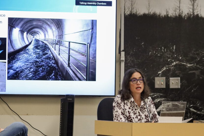 Denise Koch, the city's director of Engineering and Public Works, describes the long-term "lake-tap" solution for glacial outburst flooding at a Juneau Assembly committee meeting on Monday, Feb. 24, 2026. (Photo by Clarise Larson/KTOO)