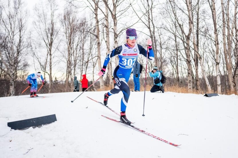 Hailey Swirbul competes in the 2025 Alaska SuperTour in Anchorage's Kincaid Park on Dec. 6, 2025.