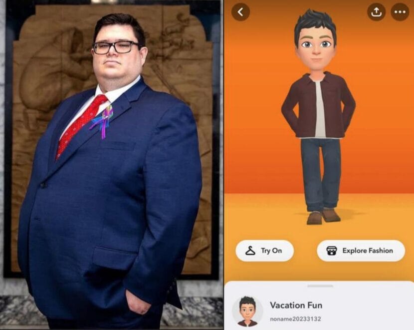 A man in a blue suit stands at left in a side-by-side with his alleged Snapchat avatar.