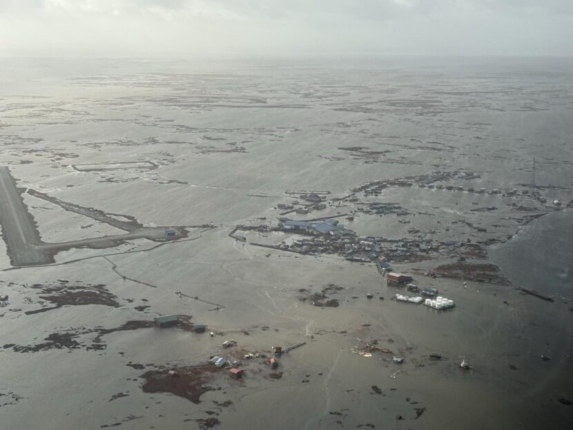 The Alaska Air National Guard conducts a search and rescue mission following ex-typhoon Halong in Kipnuk on Oct. 13, 2025.