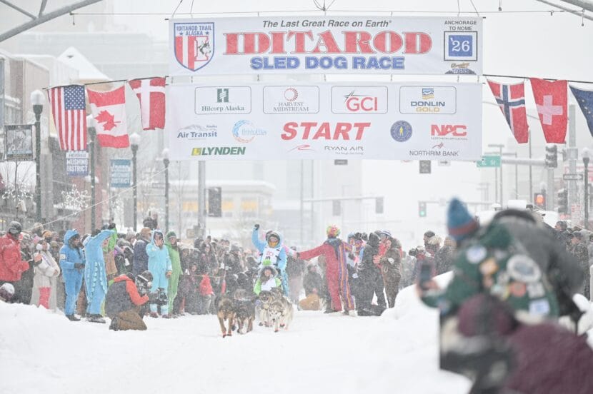 Cantwell musher Paige Drobny sets out from a snowy downtown Anchorage in the ceremonial start of the Iditarod Trail Sled Dog Race on Saturday, March 7, 2026.