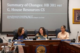 Members of the House Resources Committee chat before a meeting on Monday, April 27, 2026.
