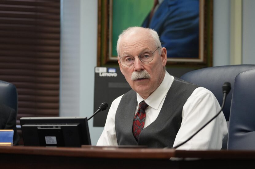 Sen. Bert Stedman, a Sitka Republican, speaks at a news conference at the Alaska State Capitol in Juneau on April 8, 2026.