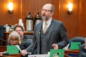 Sen. Jesse Kiehl, a Juneau Democrat, speaks on the Senate floor on April 28, 2026.