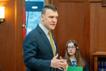 Sen. Forrest Dunbar, an Anchorage Democrat, speaks on the Senate floor on Monday, May 11, 2026.