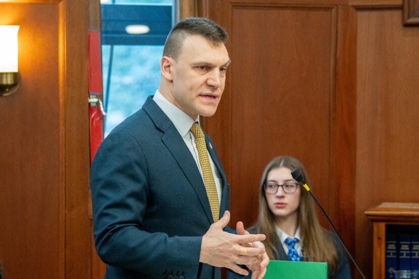 Sen. Forrest Dunbar, an Anchorage Democrat, speaks on the Senate floor on Monday, May 11, 2026.