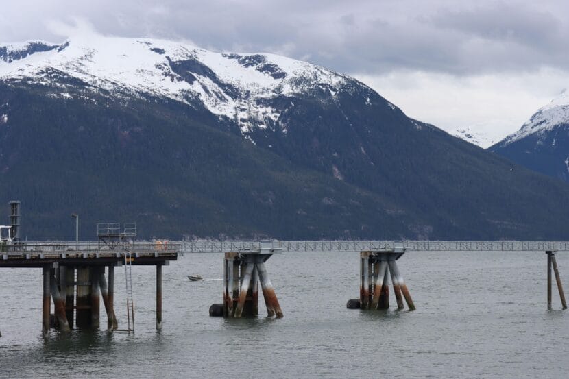 A boat cruises along the Port Chilkoot Dock in Haines on May 13, 2026.